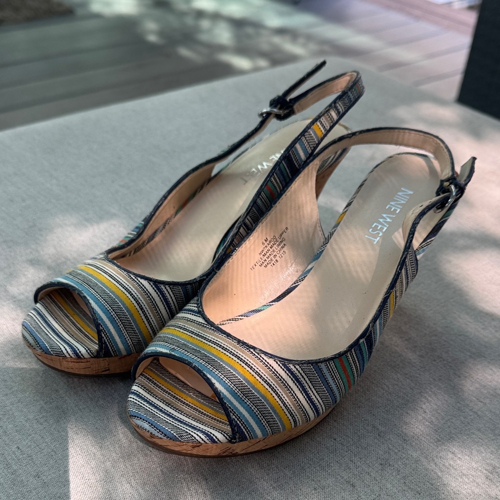 Nine West Striped Peep-Toe Slingback Wedges in Blue, Yellow, Green
